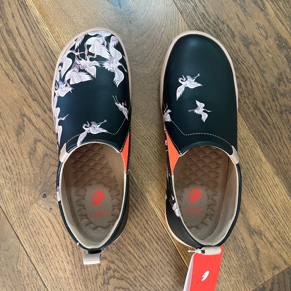 UIN Black and Orange Slip-On Shoes with Cool Crane Design